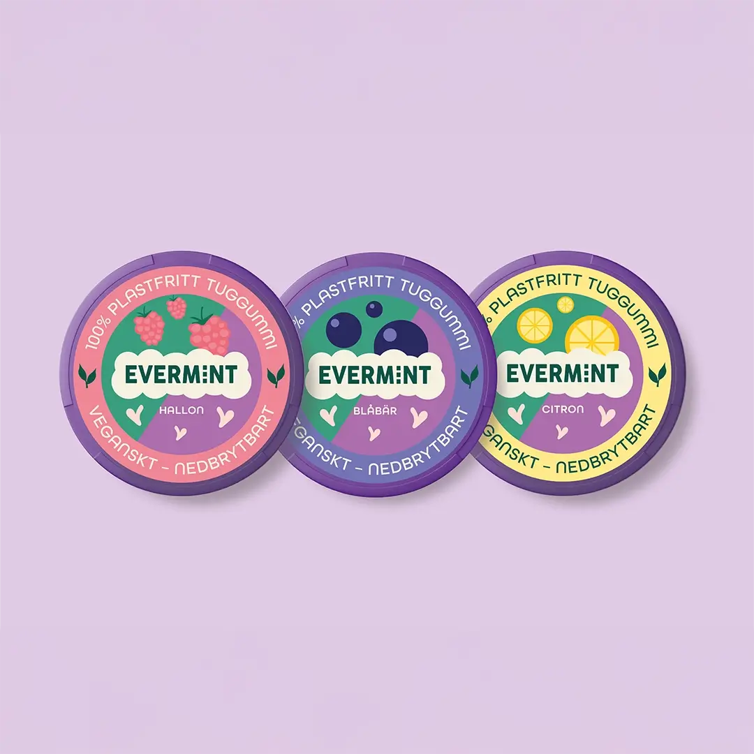 Tre färgglada tuggummi-förpackningar