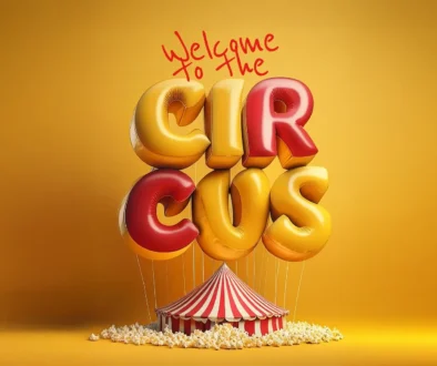 3d bokstäver som formar ordet CIRCUS, ovan står det "Welcome to the" och under är ett litet circustält med popcorn framför