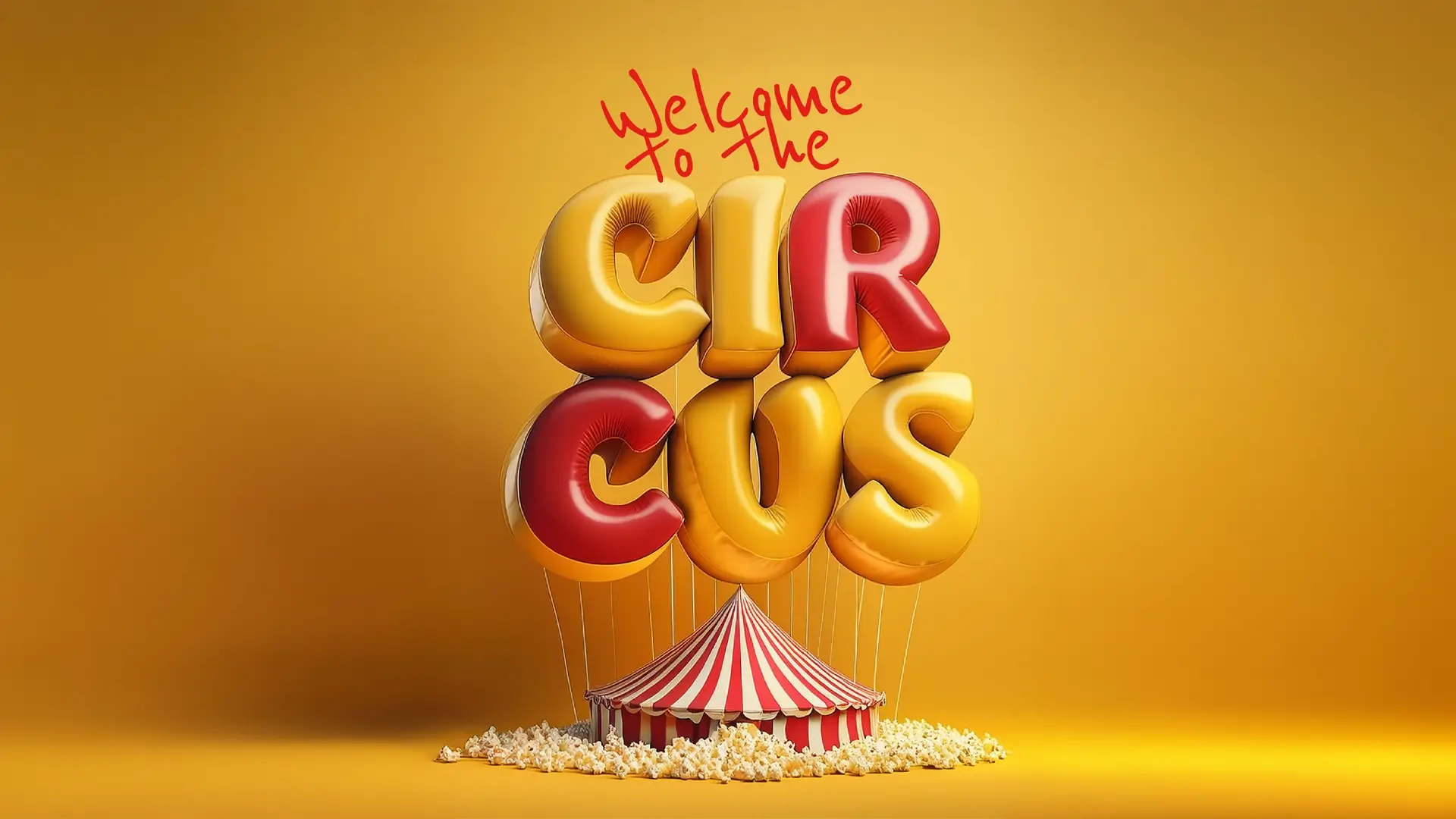 3d bokstäver som formar ordet CIRCUS, ovan står det "Welcome to the" och under är ett litet circustält med popcorn framför