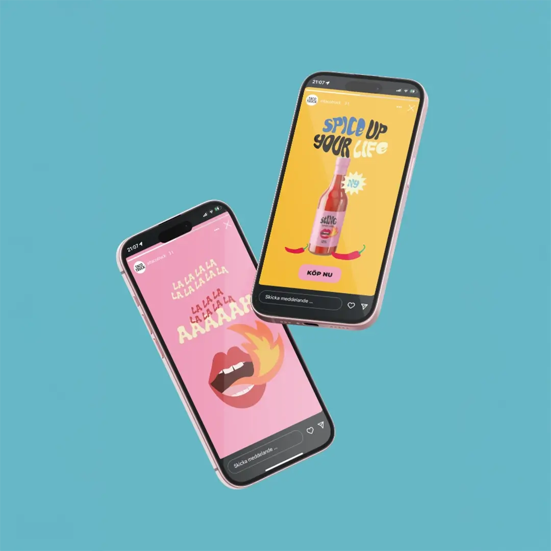 Två mobiler med grafisk design på