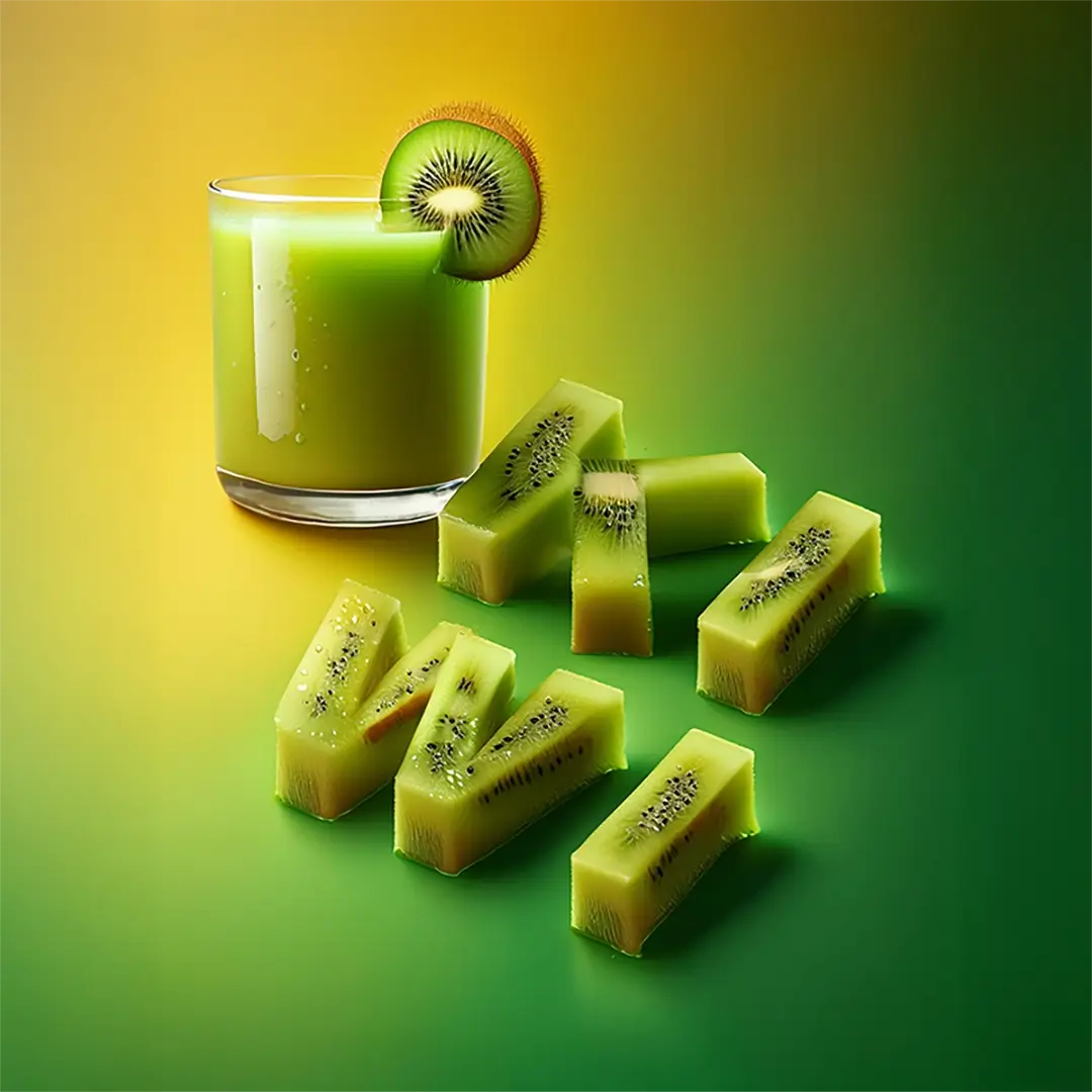 En drink med kiwi och sedan KIWI i bokstäver gjort av fruktkött