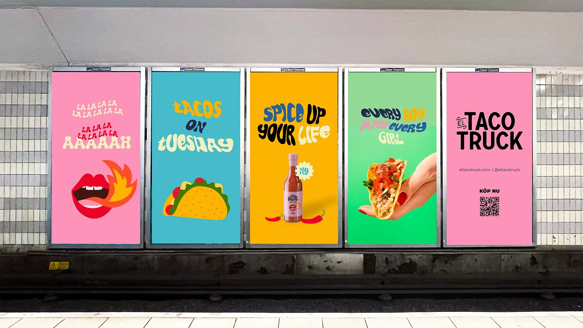 Affischer i tunnelbanan med marknadsföringskampanj för El Tack Truck