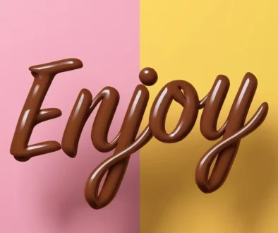 Rosa och gul bakrund, texten "Enjoy" gjord av choklad