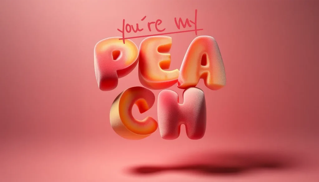 3D-bokstäver av persika som formar ordet peach